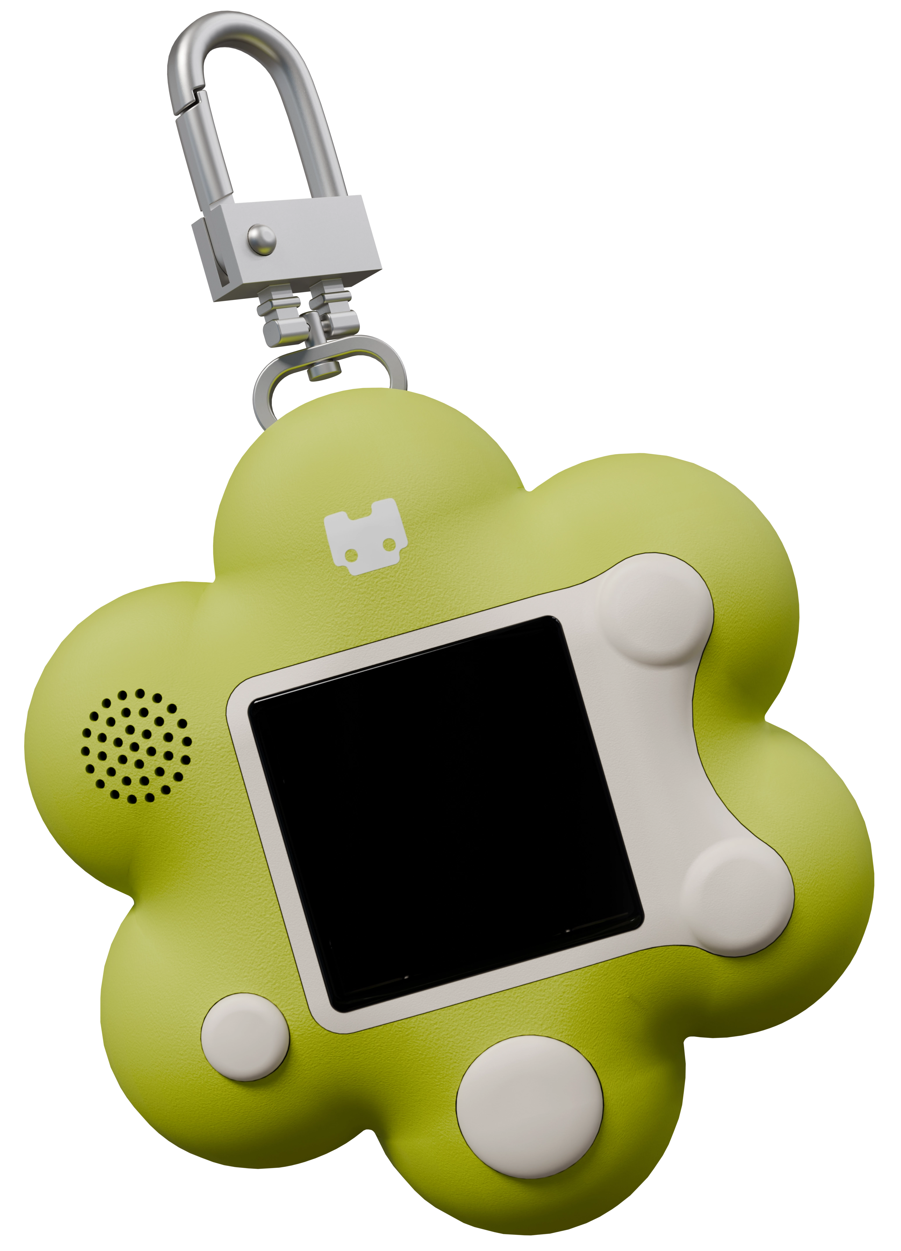 Green device with a cute character on it. The character changes appearance with its ears, eyes, colour and more changing.